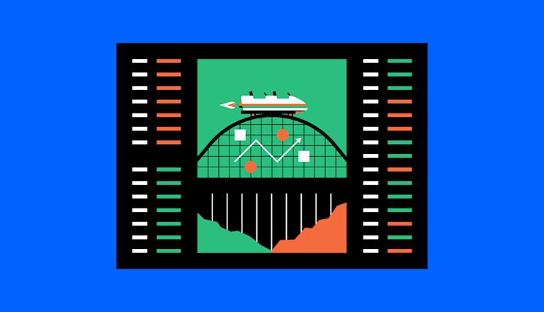 A roller coaster is at the peak before heading down a slope, next to financial charts and graphs.